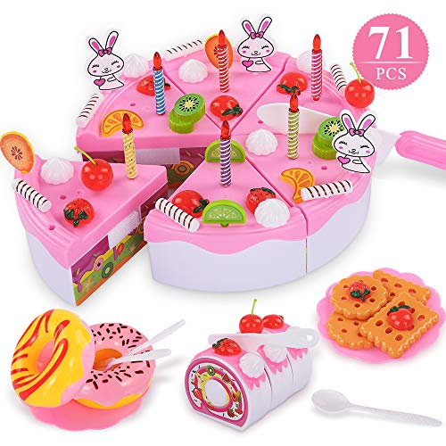 TEMI Pretend Play Food for kids, DIY 71 PCS Cutting Birthday Party Cake