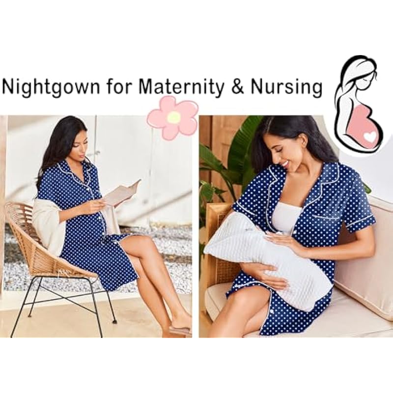 Ekouaer Nightgowns for Women Button Down Sleepshirt Short Sleeve Nightshirt Boyfriend Pajamas V Neck Nightdress S-XXXL 상세이미지 4