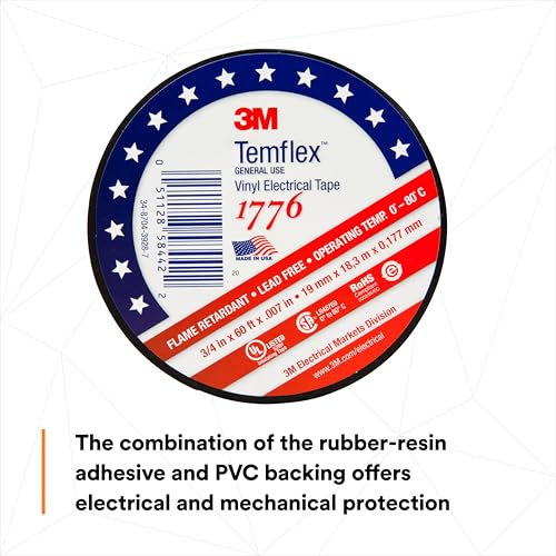 Image of 3M Temflex Vinyl Electrical Tape, 1776, 3 /4 in x 60 ft, Black, 1 Roll (Pack of 2)