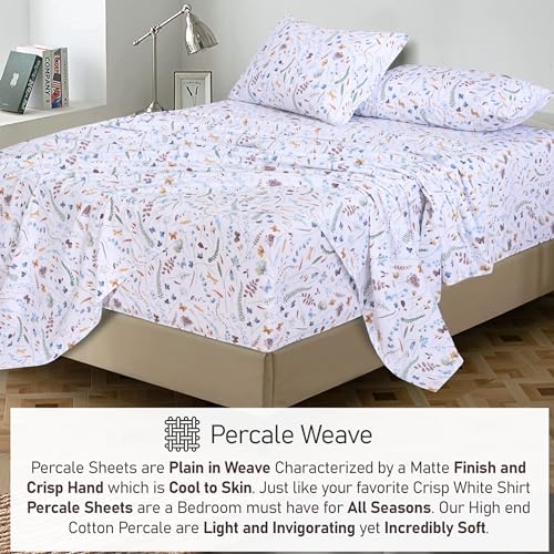 RUVANTI 100% Cotton Twin Sheets Set, 3 Pieces, Soft & Breathable Percale Weave Bedding, Deep Pocket 16", Hotel Standard, Crisp Cool Feel, Durable, Perfect Floral Bed Sheet, Fern Class