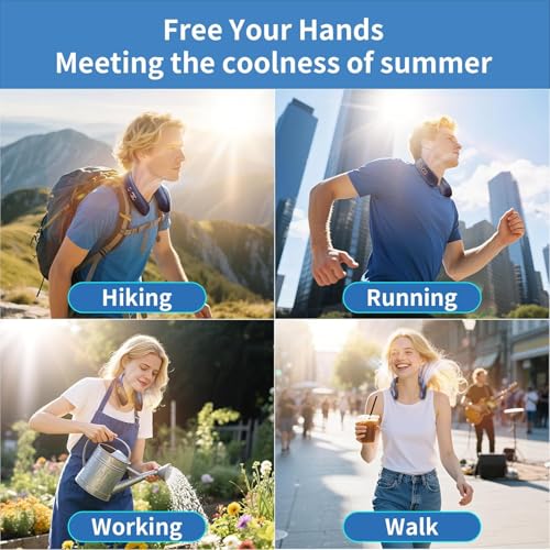 Image of VEKK Neck Fan, Portable Bladeless Fan, 6000mAh Battery USB Rechargeable, LED Display, 360 Cooling Wearable Personal Fan, 3 Speeds, Quiet, Hands Free Neck Fans for Travel, Outdoor, Camping- Blue