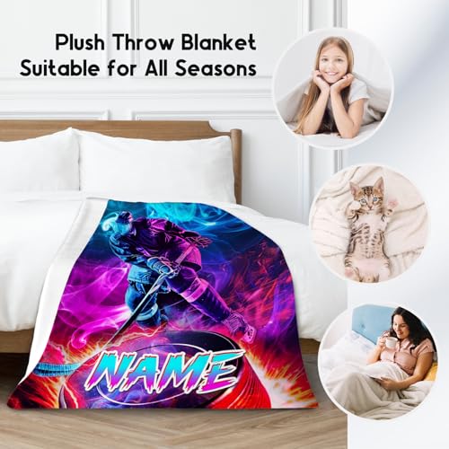 Hockey Blankets, Personalized Boys Blanket for Kids, Custom Ice Hockey Gifts, Cozy Flannel Throw for Bedroom & Living Room, 60"x80"