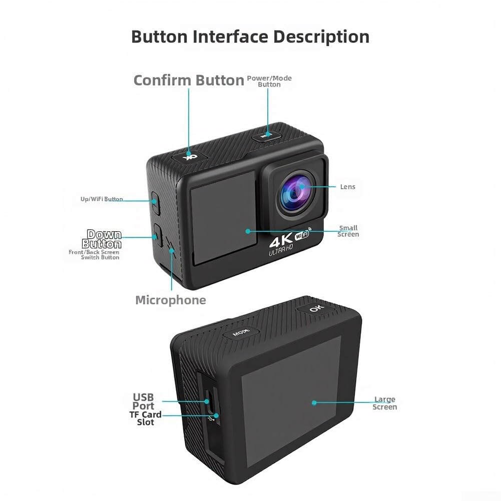 Action camera impermeabile 4K con stabilizzazione dell'immagine doppio display obiettivo grandangolare per snorkeling ciclismo casco Mount UK