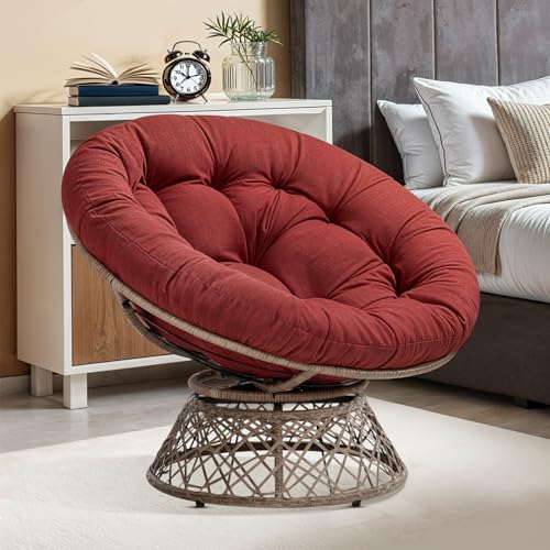 Image of Bme Ergonomic Wicker Papasan Chair with Soft Thick Density Fabric Cushion, High Capacity Steel Frame, 360 Degree Swivel for Living, Bedroom, Reading Room, Lounge, Cherry Sangria - Brown Base