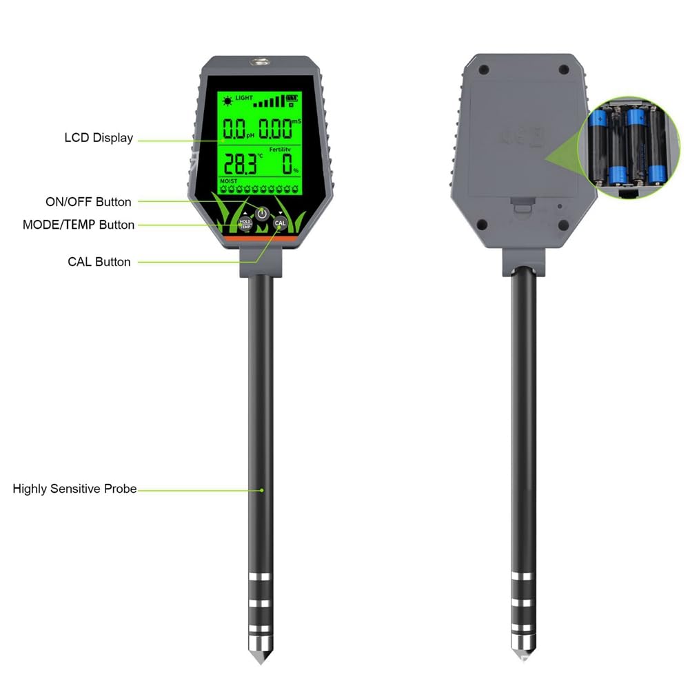 6-In-1-Bodentester, PH-Meter/EC/Lichtintensität/Fruchtbarkeit, Temperatur und Luftfeuchtigkeit, Boden-Obstgarten-Komposttester
