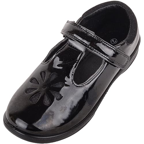 ABSOLUTE FOOTWEAR Childrens Kids Girls Faux Patent Leather T-Bar Touch and Close Floral Smart Formal School Shoes - Black Patent - UK Infant 8 / EU 26