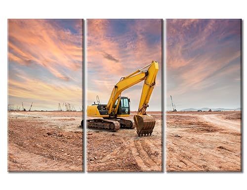 Heavy Earth Mover Wall Art 3 Panels Heavy Machinery Excavator Wall Pictures Framed Wall Art Excavator Working on Construction Posters Giclee Wooden Framed Gallery-Wrapped Ready to Hang (60" Wx40 H)