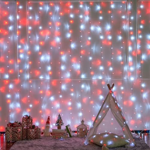 Image of JMEXSUSS 300LED Red and White Christmas Curtain Lights for Bedroom, Plug in