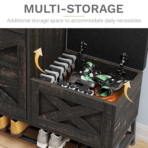 DWVO Farmhouse Shoe Cabinet Bench with 2 Flip Drawers for Entryway Living Room, Hallway for Shoe Organization 16 Pairs for Narrow Spaces(Dark Rustic Oak)