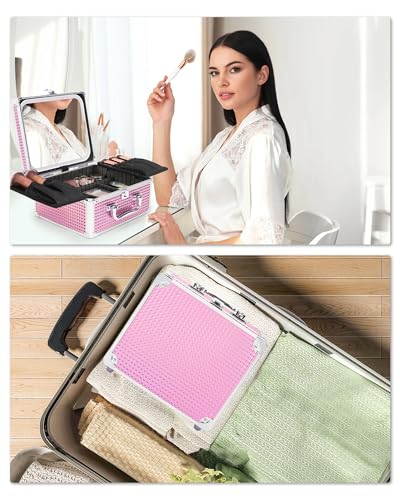 Image of Relavel Makeup Bag with LED Mirror, Makeup Box Travel Train Case with Rechargeable Lighted Mirror, Cosmetic Brush Organizer Storage for Makeup Artists Gifts for Women and Girls, Pink