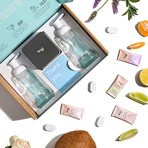 Tirtyl Smart Soap Duo Kit - Foaming Hand Soap Tablet 8 Pack - 64 fl oz total (makes 8x 8 fl oz bottles of soap) - 2x Glass Foaming Dispensers - Storage Tin - Compostable Packaging - Variety Fragrance Pack