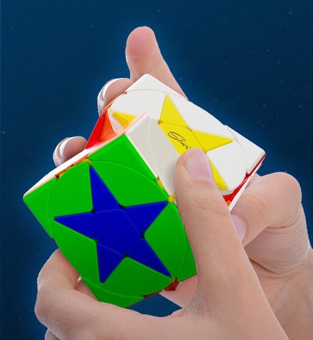 Hands holding the Pentacle Cube, demonstrating a turn with aligned star patterns.