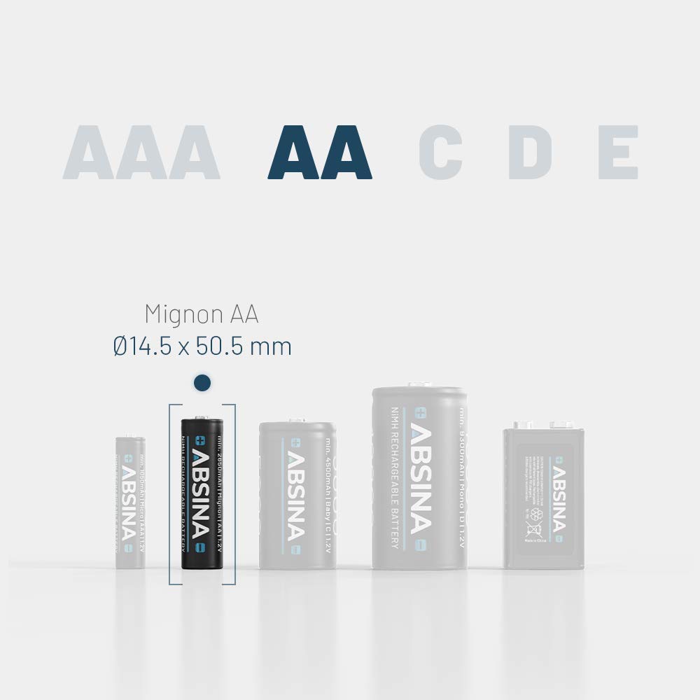 ABSINA Pilas Recargables AA 2900 NiMH 1,2V & mín. 2650mAh | Paquete de 32 - Pila recarregáveis para Dispositivos Alto Consumo - Bateria Recargable Wii y Controles Xbox