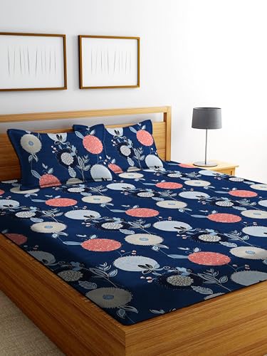 Image of DECORUM Glace Cotton Fitted 1 Bedsheet King Size (72 inchx78 inch) | All Around Elastic | Cotton Feel | 2 Pillow Covers (17 inchx27 inch) | Fits Up to 8 inch Mattress | 200-220 TC | Printed Double Bed Sheet Set