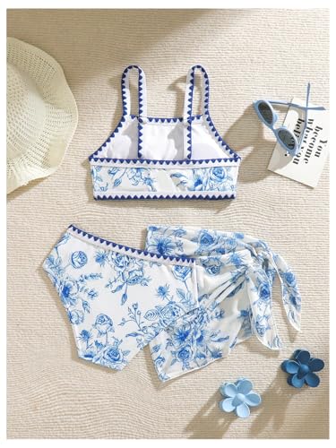 Milumia Girl's 3 Piece Swimsuit Floral Print Spaghetti Strap Swimwear with Beach Sarongs2