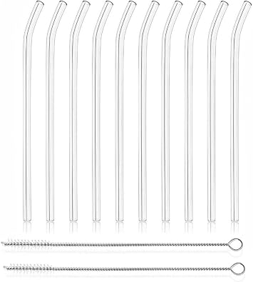 12 Reusable Borosilicate Glass Straws with Brushes, 7 Inches x 8 Millimeters, Including 10 Elbows and 2 Straw Brushes, for Juice, Coffee, and Cocktails