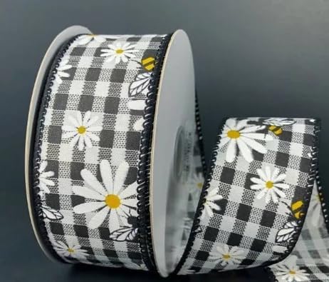 Generic 1.5 Inches Wired Black and White Gingham Check Bee and Daisy Ribbon, 10 Yards, Spring/Summer Occasion, Cotton/Polyester Blend Fabric, Ideal for Craft Projects and Wreath Making
