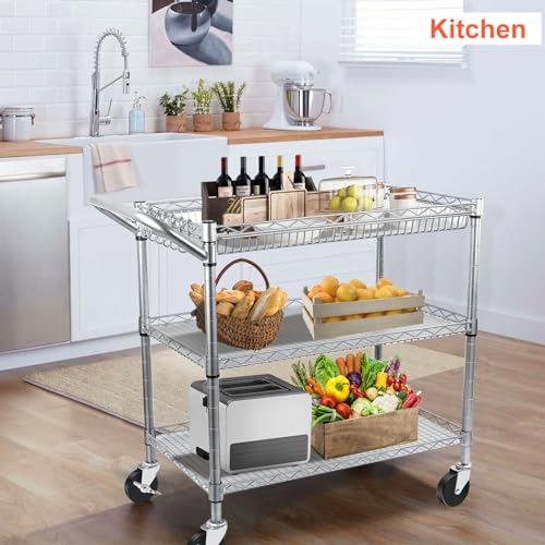 Heavy Duty Kitchen Cart, 990Lbs Capacity, 3 Tier Rolling Storage, Commercial Grade Metal Shelving, Silver