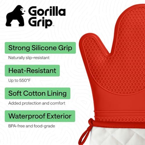 Image of GORILLA GRIP BPA-Free Soft Silicone Oven Mitts, 550F Heat Resistant Waterproof Cooking Safety Gloves, Thick Cotton Lining, Flexible Gripping for BBQ Grilling, Kitchen Potholders Set, 12.5x8.3, Coral