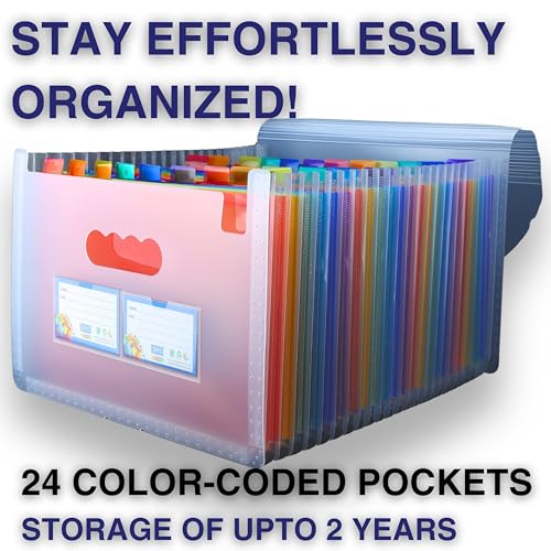 Image of SPS A4 Expanding File Folder - 24 Pockets | Transparent | High Capacity | Secure Elastic Closure | Fits A4 & Letter Size | Waterproof & Durable | Accordion File Organizer