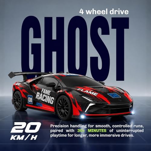 Image of Royal Cellar RC Drift Car 1:24 Scale 4WD | 20KM /H High-Speed Remote Control Car with LED Lights | 2.4GHz Rechargeable Drift Racing Car with Extra Tires & Cones | Gift Boys & Girls (Red Lambo)
