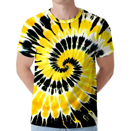 Eitqtbea Men's Yellow and Black Tie Dye Shirt Hippies Senior Short Sleeve Tees Crew Neck T Shirts X-Large