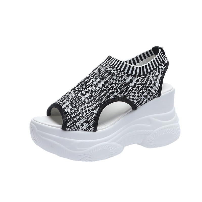 Women's Solid Color Casual Sandals, Platform Elastic Soft Sole Knitted Walking Shoes, Heightening4