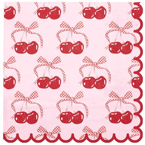 WRAPAHOLIC 50Pcs Pink Bow Cherry Cocktail Napkins - 3-Ply Lovely Pink Bow Cherry Disposable Paper Napkins for Girl Birthday Wedding Tableware Party Supplies - 5 x 5 In