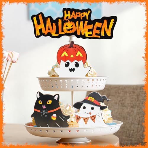 Cute Ghost Halloween Decorations Indoor, Witch Pumpkin Black Cat Candy Corn Wooden Tiered Tray Signs Decor for Table Office Desk Fireplace Mantle (Set of 3)
