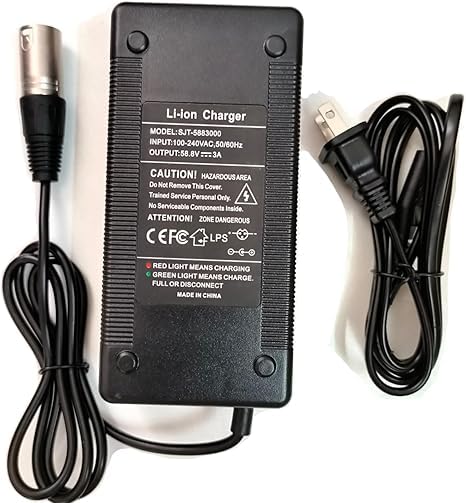 Chargeur de vélo électrique 52 V XLR 3 broches pour Juiced CrossCurrent RipCurrent HyperScorpion eBikes 52 V et autres vélos électriques 52 V (58,8 V 3 A max)