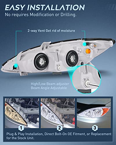 Image of Nilight Headlight Assembly for 2002 2003 2004 Toyota Camry LE /XLE Headlamps Replacement Chrome Housing Amber Reflector Clear Lens Driver and Passenger Side