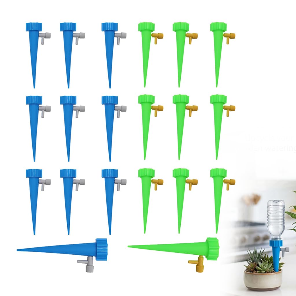 20 Pcs Automatic Plant Watering Spikes, Self Watering System for Potted Plants with Adjustable Control Valve, Irrigation Drip Feeders for Vacation Garden, Blue and Green, Height 13 cm
