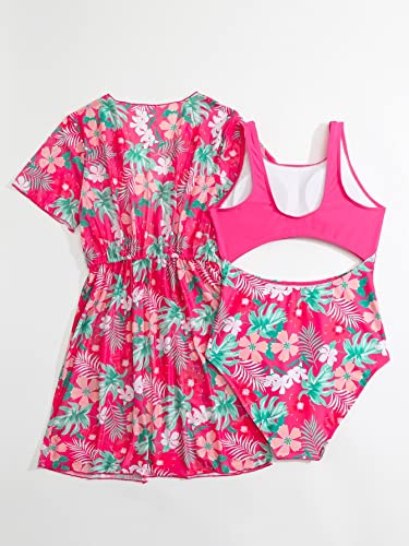 COZYEASE Girls' 2 Piece Sets Print Scoop Neck One Piece Swimsuit with Short Sleeve Cover Ups2