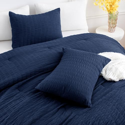 Image of Andency Navy Blue Full Size Comforter Set with Seersucker, 3 Pieces Soft Bedding Set for Boys Girls, All Seasons Breathable Bed Comforter with 2 Pillowcases, 79x90 inches