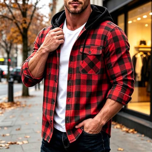 Carydety Plaid Shirt Jacket for Men Fall Hooded Long Sleeve Button Up Shirt - image 2