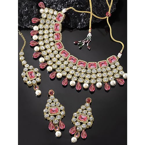 Image of Peora Crystal Choker Necklace with Maang Tikka Earrings Indian Traditional Bridal Wedding Jewellery Set for Women