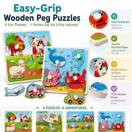 Wooden Peg Puzzle Set for Toddlers, 4 Pack Animal Vehicle Ocean Farm Puzzles, Montessori Wooden Puzzles for Ages 2-4, Preschool Learning Toys for Fine Motor Skills, Gifts for Boys Girls 1 2 3 4 - Image 4