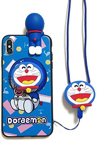 LWCO Silicone case iPhone 11 Cartoon Cute Doraemon Soft TPU Shockproof Protection Case with Stand and Lanyard for iPhone 11 6.1 inch