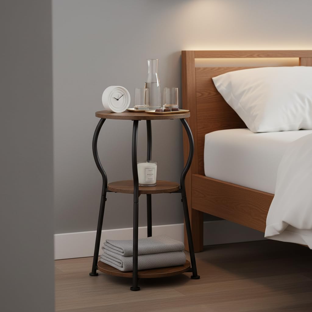 Small Round Side Table for Small Spaces, 3 Tier Round Bedside Table Wood,Corner Round Tables for Living Room, Lightweight Portable Vintage End Tables for Tiny Space