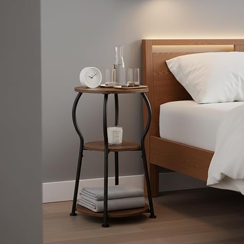 Miniatura 4 de Mesa auxiliar redonda pequeña para espacios pequeños, mesita de noche redonda de 3 niveles de madera, mesas redondas de esquina para sala de estar,