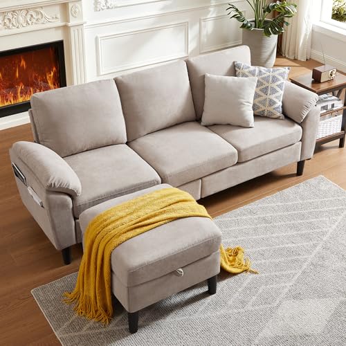 Portaforta 80' Convertible Sectional Couch with Ottoman, 3 Seater L Shaped Couch Sofa with Storage Chaise, Removable Armrest Cushions, Linen Modern Small Couches for Living Room, Apartment, Beige
