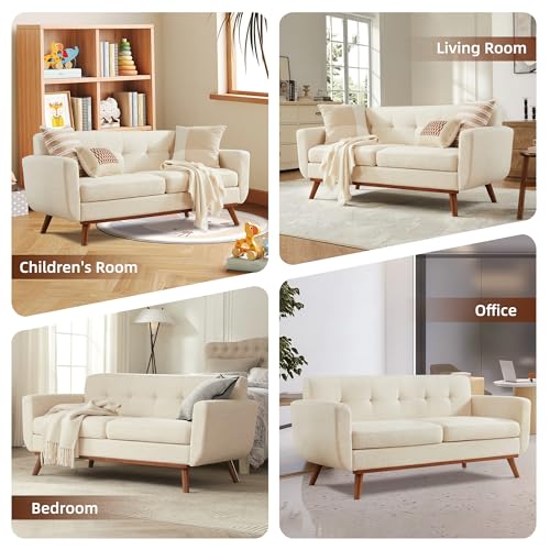 Image of Kingfun 2 Piece Loveseat and Sofa Sets, Mid Century Modern Decor Love Seat Couches for Living Room, Button Tufted Upholstered Furniture, Easy to Install Small Couch for Bedroom, Office, Beige | linen fabric