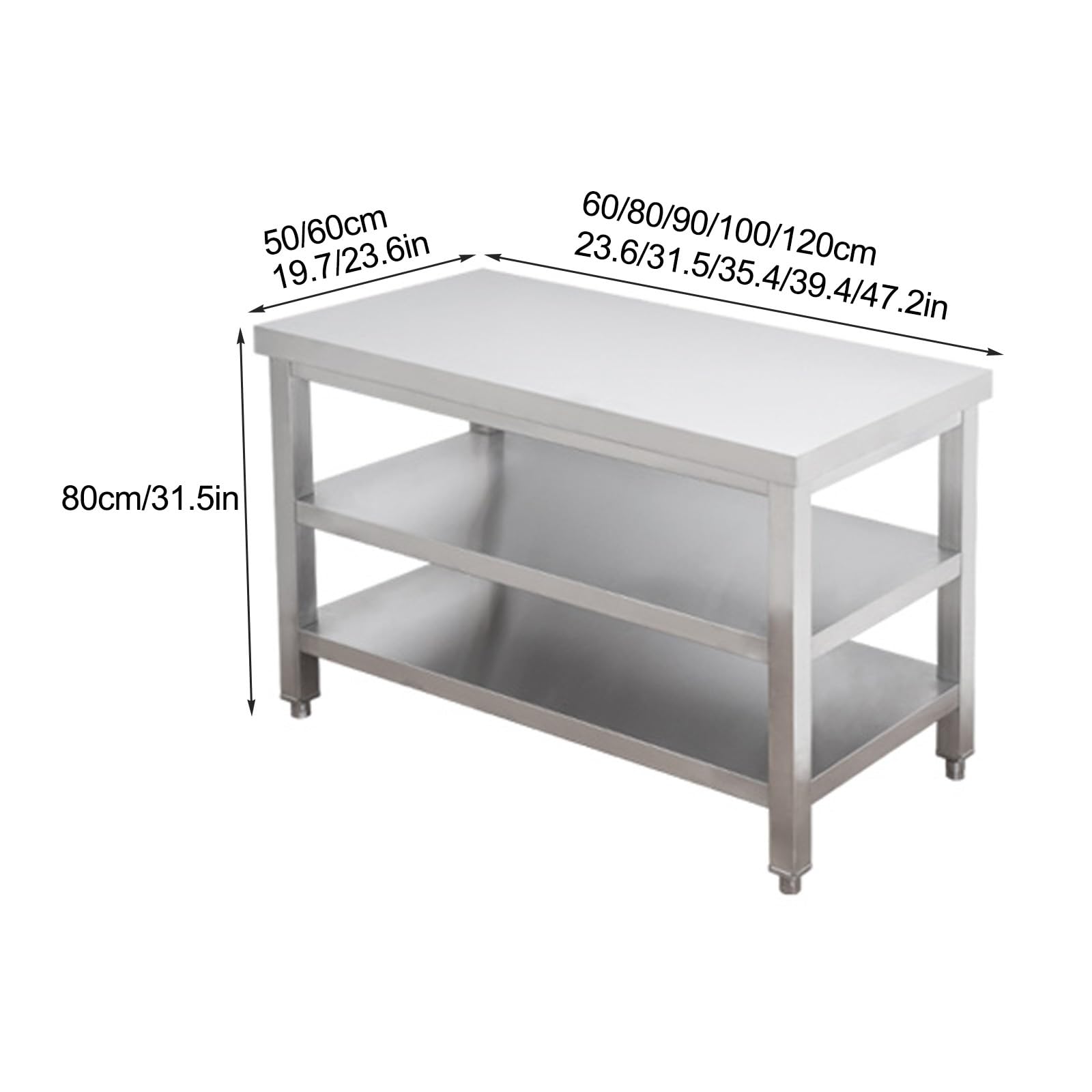 Generico Tavolo da Preparazione in Acciaio Inox a 3 Ripiani per Cucina Commerciale, Grande Tavolo da Lavoro in Metallo con ripiano portaoggetti, Ideale per ristoranti, Case e Hotel (35,4" x19,7 x31,5