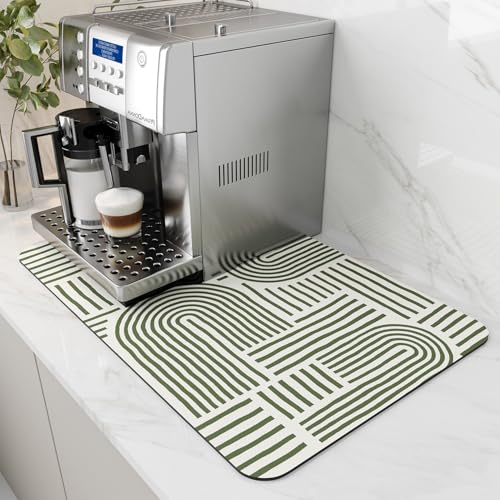 AMOAMI Coffee Mat Hide Stain Rubber Backed Absorbent Dish Drying Mat for Kitchen Counter - Fits Under Coffee Maker & Dish Rack - Green Line 12x19 LIGH