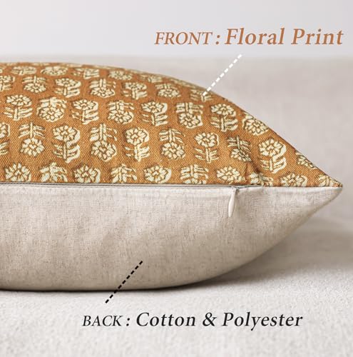 Image of Foindtower Set of 2 Decorative Neutral Floral Print Throw Pillow Covers Vintage Accent Farmhouse Cushion Cover Boho Home Decor For Sofa Couch Chair Bedroom Living Room Outdoor,20x20 Inch,Golden Orange