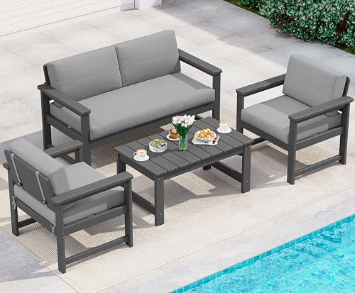 Image of SERWALL 4 Pieces HDPE Outdoor Sofa Set with Cushion, All Weather Use Conversation Couch Set, Outdoor Loveseat Social Furniture with Coffee Table and Cushions, Grey Frame with Grey Cushions