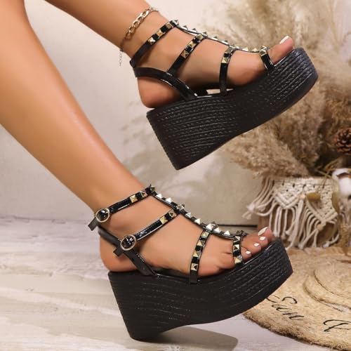 Women's Leather Studded T-Strap Chunky Heels Sandals With Adjustable Ankle Buckle for Outdoor Party Prom Dress Shoes4