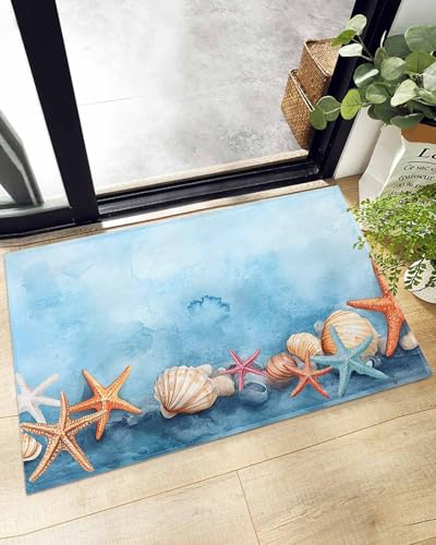 Indoor Doormat Watercolor Ocean Starfish Shell,Shaggy Floor Mat with Non-Skid Backing Marine Life on Light Blue,Machine Washable Plush Area Rug Carpets for Kitchen Nursery Bedroom