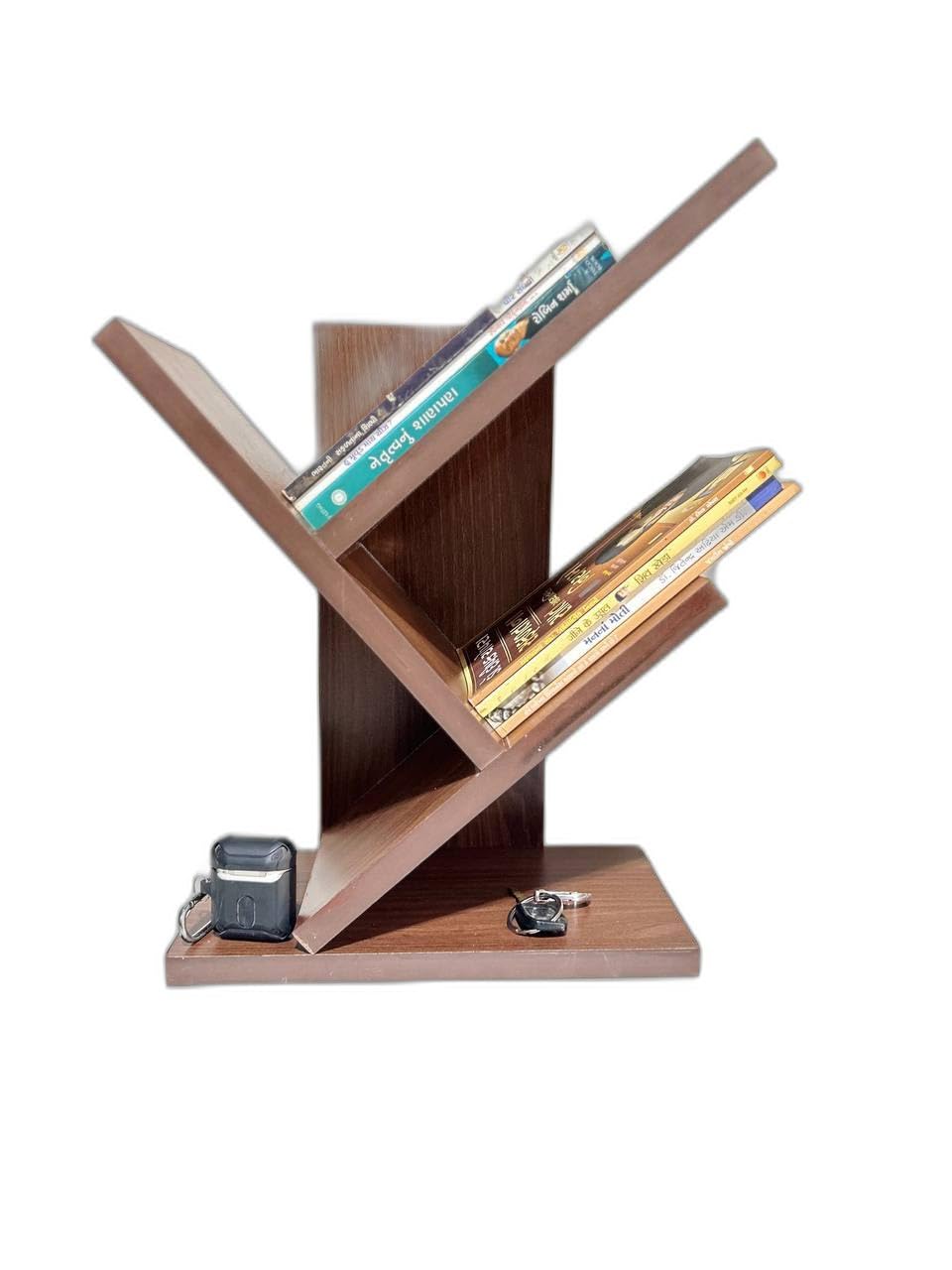 Wooden Book Rack,Rectangular Space Saver Engineered Wood Book Shelf for Home, Living Room and Office, Table Top Free Standing, Laminated Finish, Modern Tree Shape (3 Tier Brown)-image-5