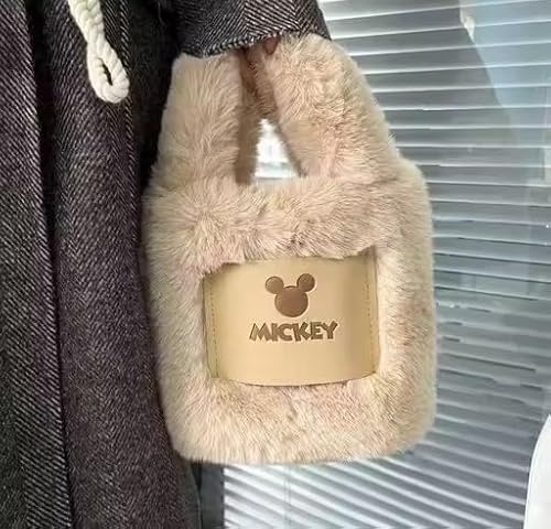 PIMIKRAY Disney Mickey Mouse Plush Bucket Handbag, Beige, Medium, Faux Fur, Korean Style with Zipper Closure-picture-30